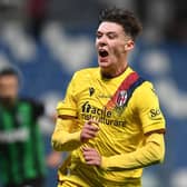 Aaron Hickey of Bologna celebrates after scoring his team's second goal during the Serie A match against Sassuolo at Mapei Stadium on December 22 (Photo by Alessandro Sabattini/Getty Images)