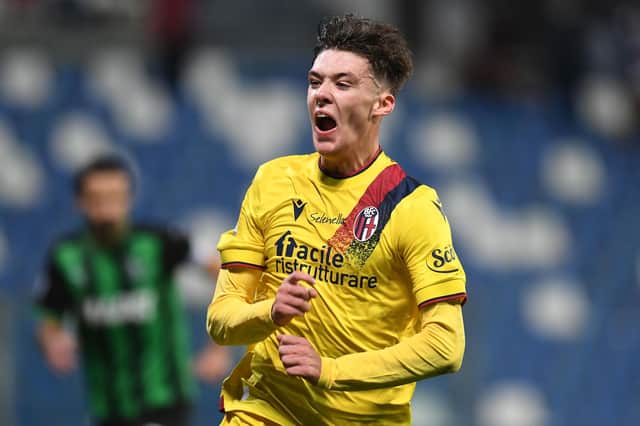 Aaron Hickey of Bologna celebrates after scoring his team's second goal during the Serie A match against Sassuolo at Mapei Stadium on December 22 (Photo by Alessandro Sabattini/Getty Images)