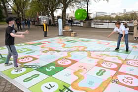 As part of Specsavers’ campaign to raise awareness of childhood myopia, and the benefits of spending time outdoors in the reducing the risk of developing the condition, a giant outdoor snakes and ladders installation appeared on London’s South Bank on Wednesday April 16.