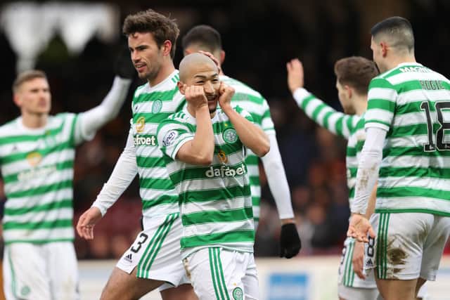 Celtic's Daizen Maeda's celebrates after making it 4-0 over Motherwell at Fir Park. (Photo by Craig Williamson / SNS Group)