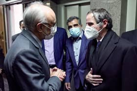 The head of the Atomic Energy Organisation of Iran, Ali Akbar Salehi, left, meets the visiting Director General of the International Atomic Energy Agency Rafael Grossi in Tehran in February (Picture: AFPTV/pool/AFP via Getty Images)