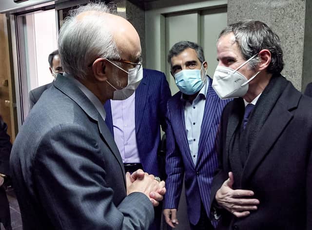 The head of the Atomic Energy Organisation of Iran, Ali Akbar Salehi, left, meets the visiting Director General of the International Atomic Energy Agency Rafael Grossi in Tehran in February (Picture: AFPTV/pool/AFP via Getty Images)
