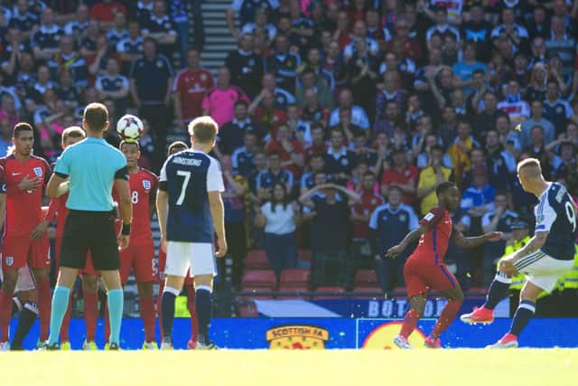 Scotland's Leigh Griffiths fires home the equaliser against England in 2017.