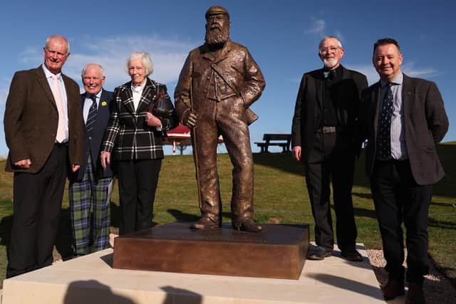The main platform party stand beside the sculpture for the unveiling of the memorial sculpture of four-time Open champion Old Tom Morris were, from left, Sandy Lyle, project chairman Ronald Sandford, Sheila Walker Old Tom's great, great granddaughter, sculptor David Annand and local golf historian Roger McStravick. Picture: Warren Little/Getty Images.