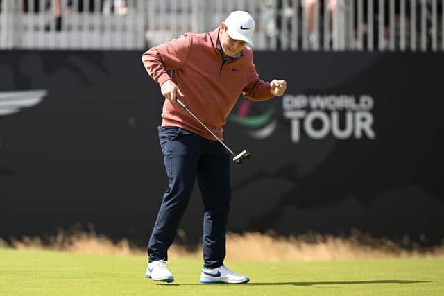 Bob MacIntyre celebrates after holing a birdie putt on the final hole in the Genesis Scottish Open at The Renaissance Club in July. Picture: Octavio Passos/Getty Images.