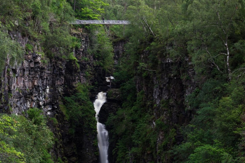 These falls are in the Corrieshalloch Gorge which means Ugly Hollow in Gaelic. This spectacular 150 drop near Ullapool can be viewed from a Victorian suspension bridge over the narrow canyon that's not for the faint-hearted. Down river there's an unforgettable view from a cantilevered viewing platform.