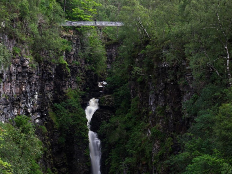 These falls are in the Corrieshalloch Gorge which means Ugly Hollow in Gaelic. This spectacular 150 drop near Ullapool can be viewed from a Victorian suspension bridge over the narrow canyon that's not for the faint-hearted. Down river there's an unforgettable view from a cantilevered viewing platform.