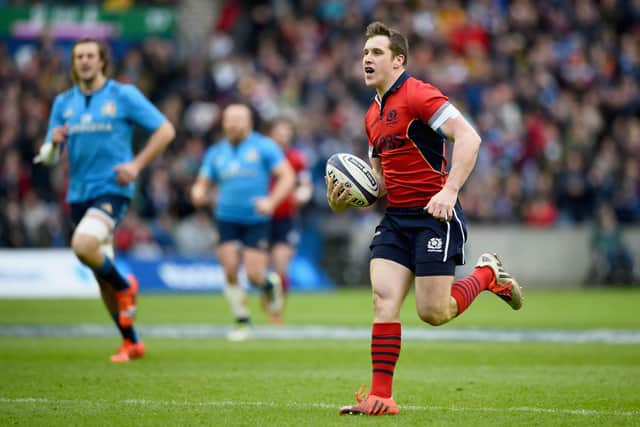 Mark Bennett scores his first Scotland try, against Italy during the 2015 Six Nations defeat at Murrayfield.  (Photo by Jeff J Mitchell/Getty Images)