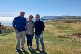 Martin Dempster, left, at Dunaverty Golf Club with his wife Carol and fellow golf writer Nick Rodger.