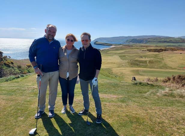 Martin Dempster, left, at Dunaverty Golf Club with his wife Carol and fellow golf writer Nick Rodger.