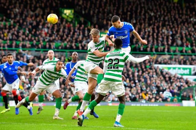 The high point of Nikola Katic's Rangers career so far as he towers above the Celtic defence to score the winner in the Old Firm match at Parkhead on December 29, 2019. (Photo by Rob Casey / SNS Group)