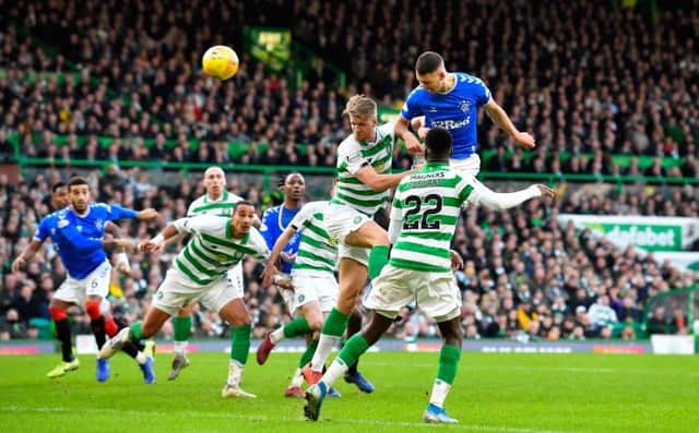 The high point of Nikola Katic's Rangers career so far as he towers above the Celtic defence to score the winner in the Old Firm match at Parkhead on December 29, 2019. (Photo by Rob Casey / SNS Group)