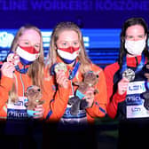 Scottish swimmer Kathleen Dawson, right, shows off her silver medal after the 50m backstroke at the European Aquatics Championships in Budapest. Netherlands' Kira Toussaint, centre, won gold and fellow Dutchwoman Maaike De Waard took bronze.