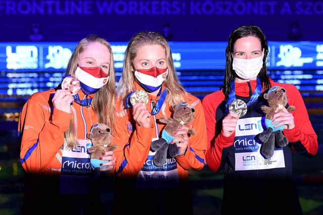 Scottish swimmer Kathleen Dawson, right, shows off her silver medal after the 50m backstroke at the European Aquatics Championships in Budapest. Netherlands' Kira Toussaint, centre, won gold and fellow Dutchwoman Maaike De Waard took bronze.