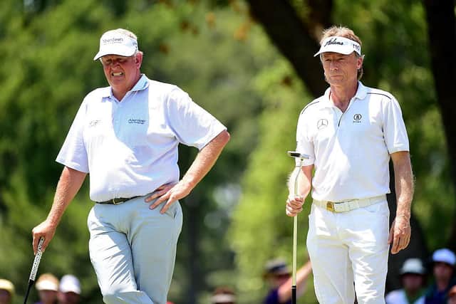 Colin Montgomerie and Bernhard Langer during the 2015 US Senior Open at the Del Paso Country Club in Sacramento. Picture: Harry How/Getty Images.