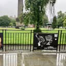 Two of the photographs in the Fringe Firsts at 50 exhibition on the south side of St Andrew Square, Edinburgh, from left to right: Sam Heughan in Outlying Islands by David Greig; Elizabeth MacLennan in Hyperlynx by John McGrath