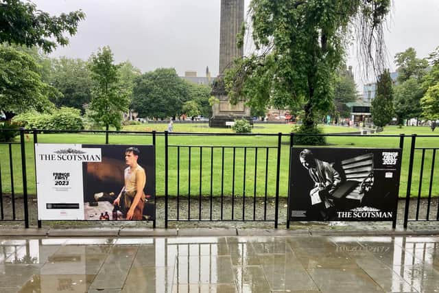 Two of the photographs in the Fringe Firsts at 50 exhibition on the south side of St Andrew Square, Edinburgh, from left to right: Sam Heughan in Outlying Islands by David Greig; Elizabeth MacLennan in Hyperlynx by John McGrath