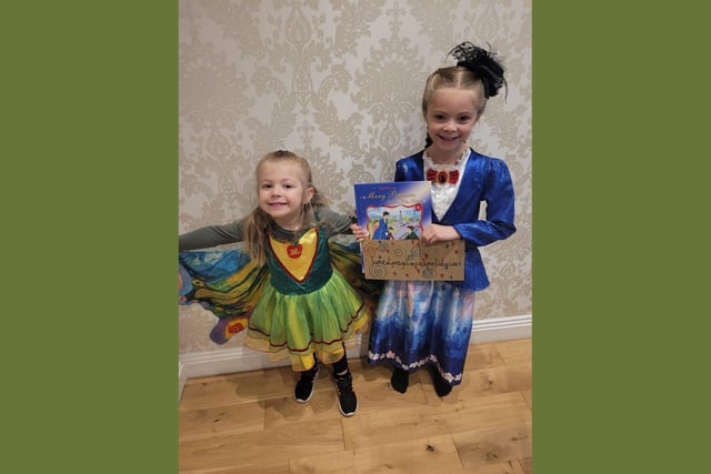 Sienna aged 6 and Darcie aged 3 dressed up as the Hungry Caterpillar and Mary Poppins.