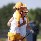 Mel Reid and Leona Maguire celebrate securing a half point in the penultimate session in the 17th Solheim Cup in Toledo, Ohio. Picture: Gregory Shamus/Getty Images.