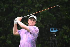 Bob MacIntyre tees off on the seventh hole during day four of the BMW PGA Championship at Wentworth Club. Picture: Ross Kinnaird/Getty Images.