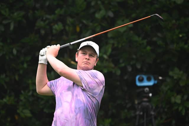 Bob MacIntyre tees off on the seventh hole during day four of the BMW PGA Championship at Wentworth Club. Picture: Ross Kinnaird/Getty Images.