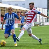 Kilmarnock's Rory McKenzie (left) is closed down by Hamilton's Scott McMann during the Rugby Park's last day victory - a result that could not spare them the play-offs but send them into the ties against Dundee in decent form. (Photo by Craig Foy / SNS Group)