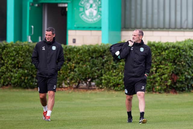 Hibs Manager Jack Ross and assistant John Potter during training ahead of Thursday's match at Tannadice.