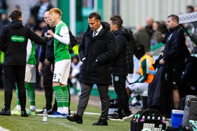 Celtic manager Brendan Rodgers cuts a frustrated figure during the goalless draw at Hibs.  (Photo by Alan Harvey / SNS Group)