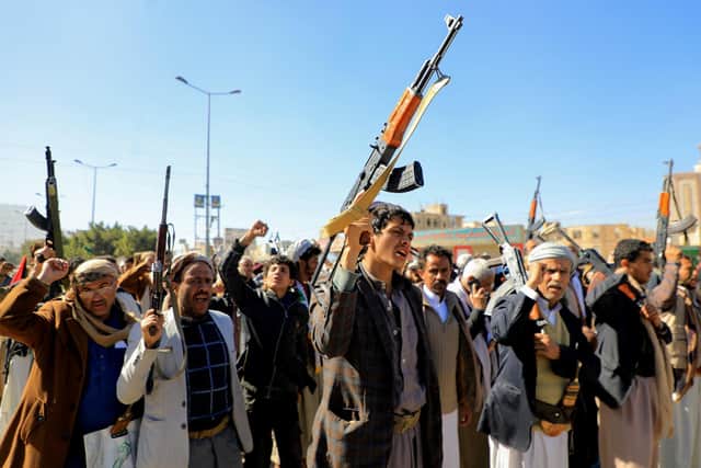 Houthi rebels have seen military facilities in Yemen bombed by UK and Us forces after the countries promised 'retaliation' for attack in the Red Sea. Picture: AFP via Getty Images