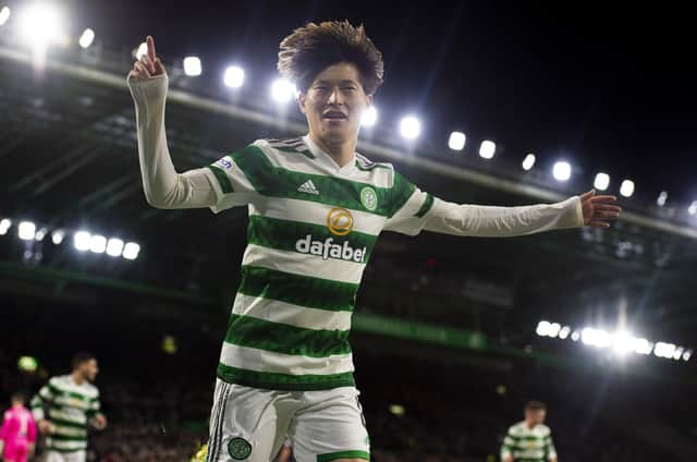 Celtic's Kyogo Furuhashi celebrates after making it 2-0 against St Mirren at Celtic Park. (Photo by Ross MacDonald / SNS Group)