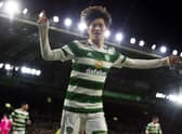 Celtic's Kyogo Furuhashi celebrates after making it 2-0 against St Mirren at Celtic Park.  (Photo by Ross MacDonald / SNS Group)