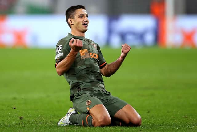 Marian Shved, formerly of Celtic but now with Shakhtar Donetsk, celebrates after opening the scoring in his side's 4-1 win over RB Leipzig in Germany. (Photo by Cathrin Mueller/Getty Images)