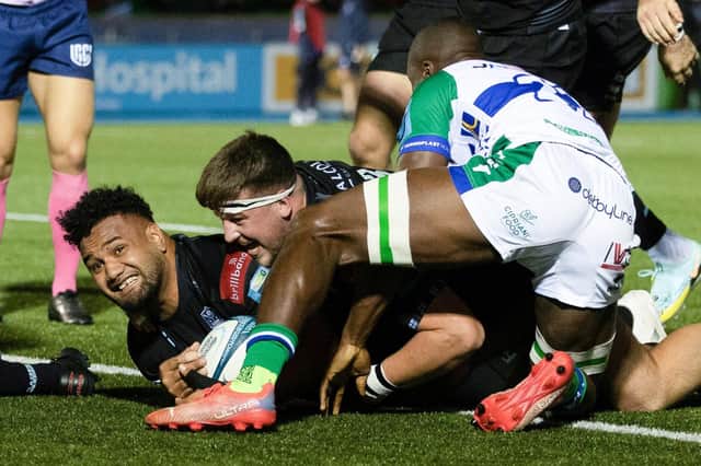 Glasgow Warriors' Sione Vailanu scores the fifth try of the match during the 37-0 win over Benetton at Scotstoun.