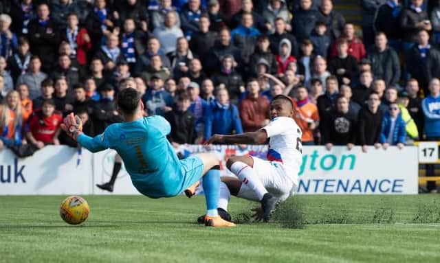 Liam Kelly saves from Alfredo Morelos while playing for Livingston against Rangers in September 2018. (Photo by Craig Williamson/SNS Group).