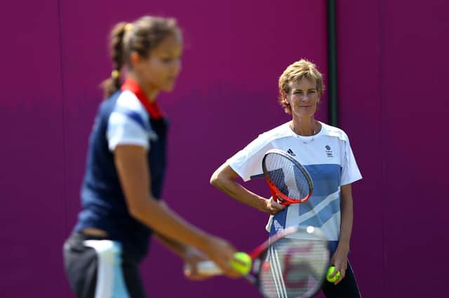 Great Britain coach Judy Murray watches on as Laura Robson practises during a training session at the 2012 London Olympic Games.