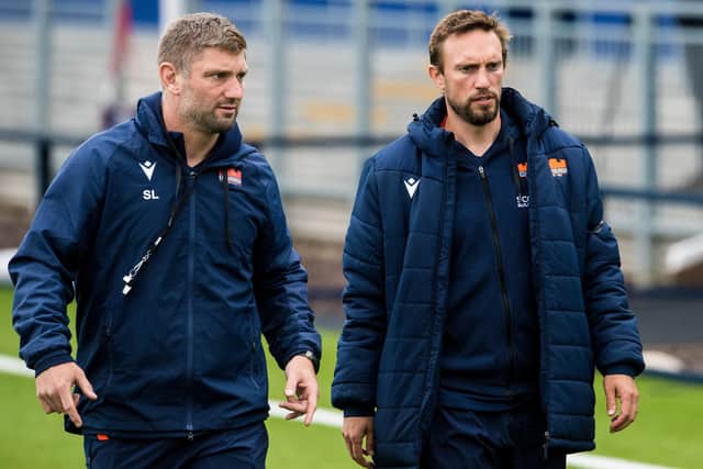 Edinburgh forwards coach Stevie Lawrie, left, with Mike Blair who is stepping down as head coach. (Photo by Ross Parker / SNS Group)