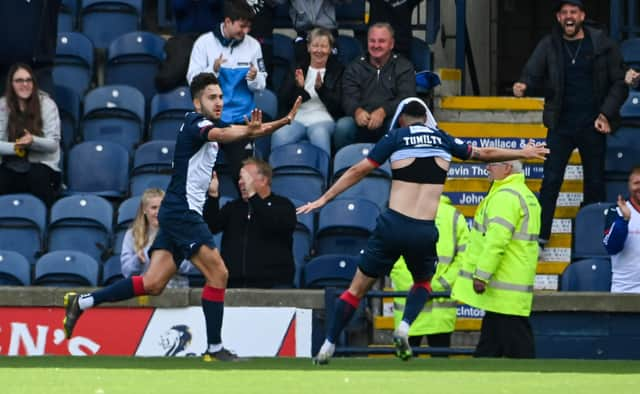 Dario Zanatta celebrates with Reghan Tumilty after scoring Raith Rovers' winner against Aberdeen.