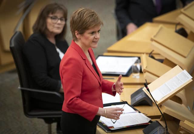 First Minister Nicola Sturgeon during First Minster's Questions (FMQ's) in the debating chamber of the Scottish Parliament in Edinburgh.