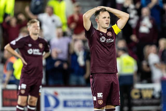 Hearts' Lawrence Shankland reacts to his second goal against PAOK being chopped off by VAR. (Photo by Ross Parker / SNS Group)