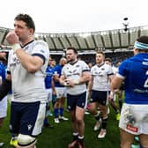 Scotland's Grant Gilchrist cuts a despondent figure after the loss to Italy at the Stadio Olimpico in Rome. (Photo by Craig Williamson / SNS Group)