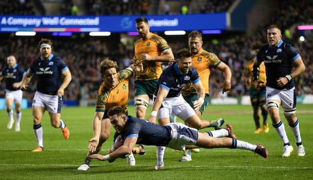 Scotland's Ollie Smith scores the first try to make it 5-0 during the match against Australia.