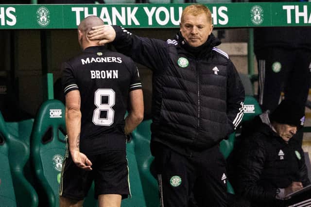 Celtic manager Neil Lennon consoles Scott Brown after the skipper was substituted during the 2-2 draw with Hibs (Photo by Craig Williamson / SNS Group)