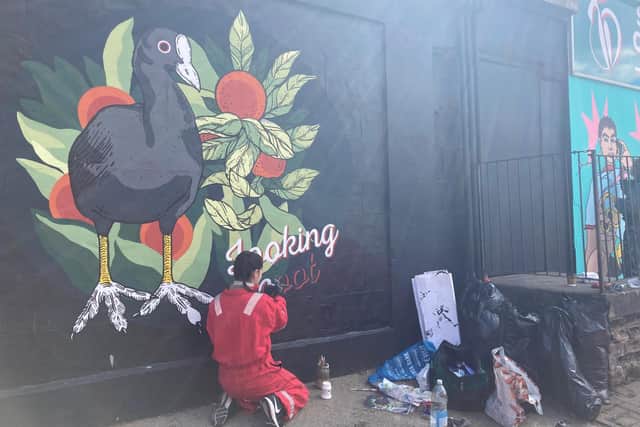 Nikki McGuigan, 30, adding the finishing touches to her mural 'Looking Coot' which draws awareness to the local wildlife in the area (Photo: Hannah Brown).