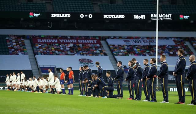 Scotland and England rugby teams line up at Twickenham Stadium - some players 'taking the knee' against racism. Picture: David Rogers/Getty Images