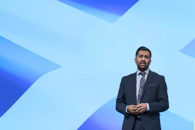 First Minister and SNP leader Humza Yousaf discusses the Independence Strategy Resolution during the second session at the SNP annual conference in Aberdeen. PIC: PA.