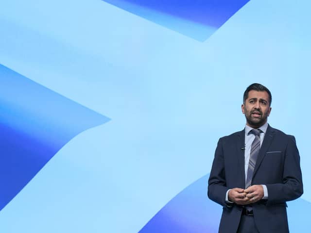 First Minister and SNP leader Humza Yousaf discusses the Independence Strategy Resolution during the second session at the SNP annual conference in Aberdeen. PIC: PA.