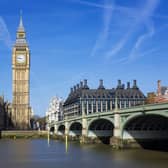 The Big Ben and Palace of Westminster under a clear blue London sky.