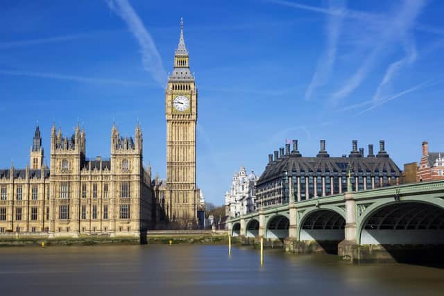 The Big Ben and Palace of Westminster under a clear blue London sky.