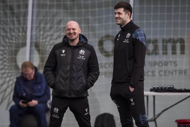 Gregor Townsend and Blair Kinghorn share a laugh during Scotland training.