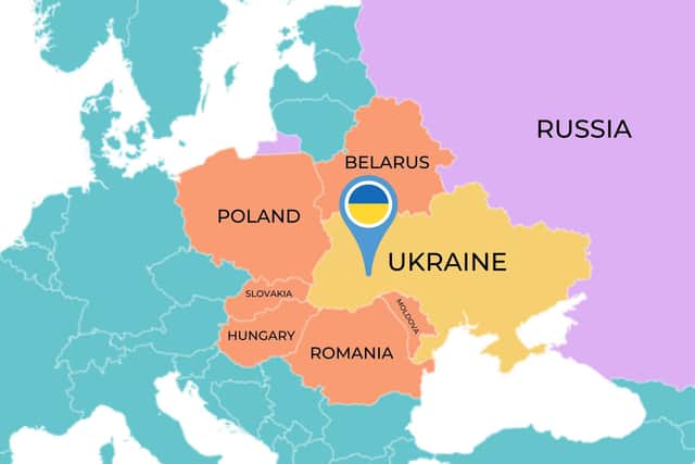A map of Europe shows where Ukraine is in relation to Russia, and which seven countries it shares its borders with.